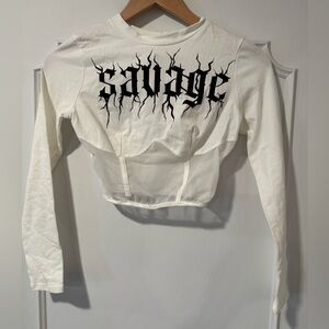 NWT January 7 Savage White Long Sleeve Crop Top with Sheer Details - Size Small